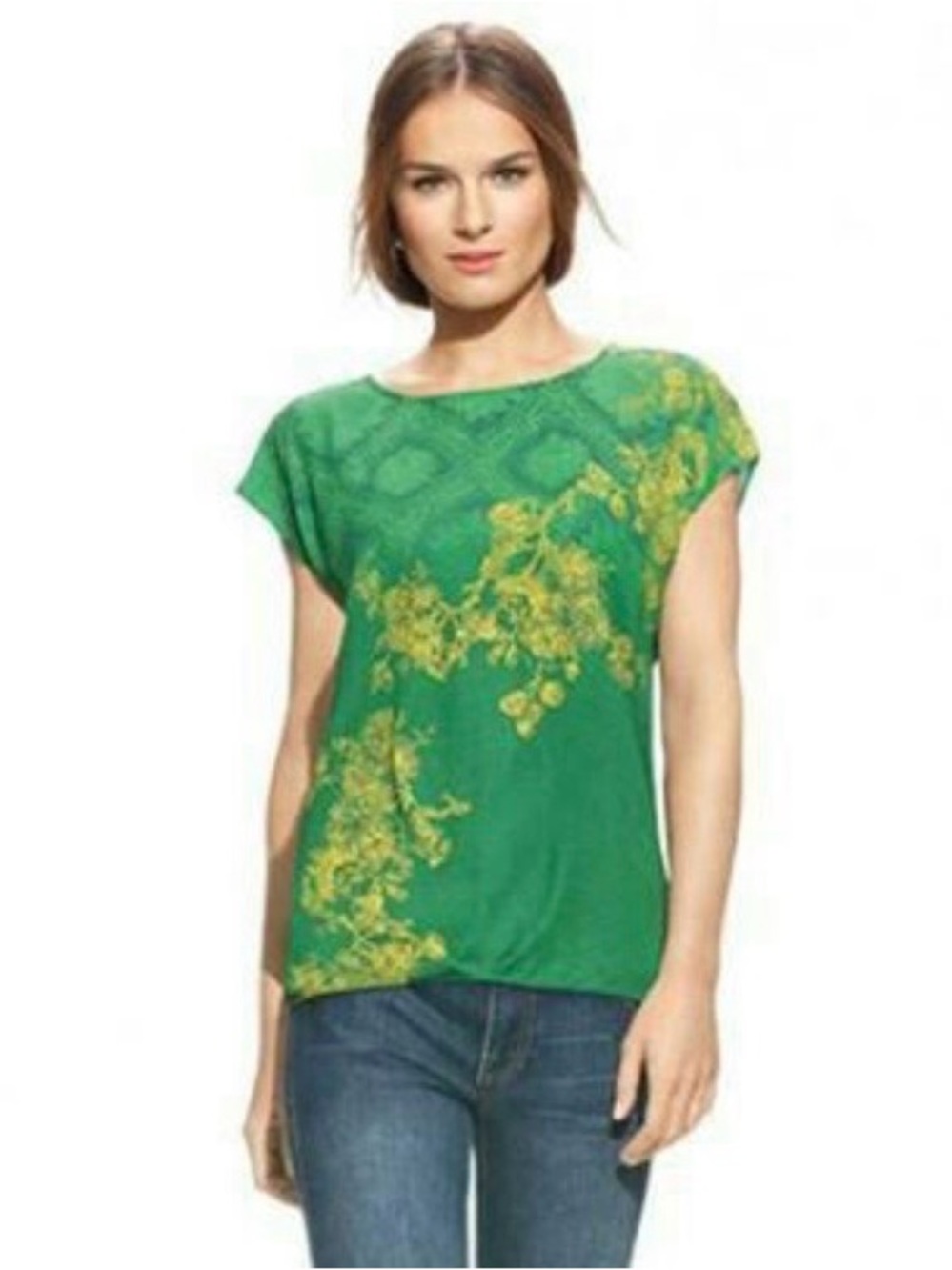 🛍️CAbi Medium Green Short Sleeve Tee with Yellow Botanical Print